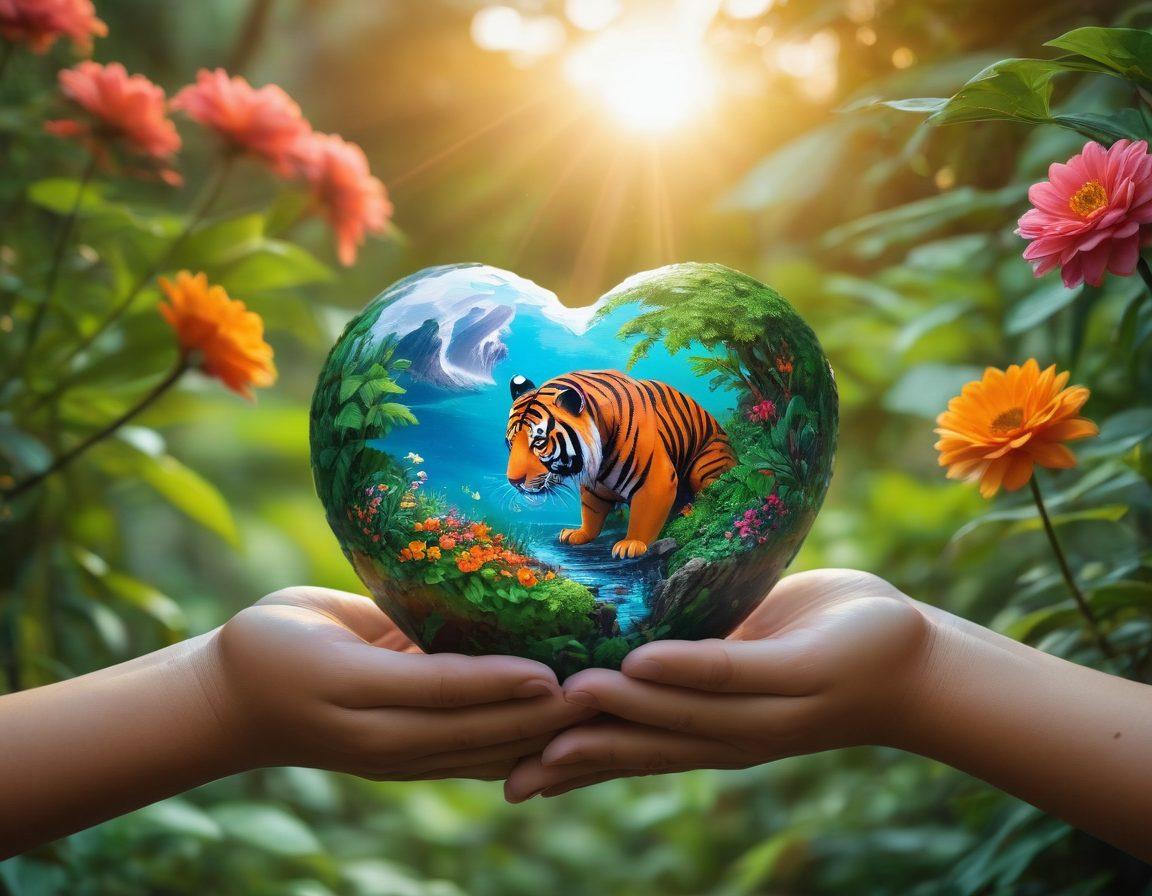 A heart-shaped globe cradled in hands, surrounded by lush greenery and vibrant flowers, symbolizing love for nature. Endangered species like a tiger, panda, and sea turtle playfully interacting within the scene, showcasing their beauty and vulnerability. A soft sunrise in the background, casting warm light over the landscape, enhancing the sense of hope and action. pixel art. vibrant colors.