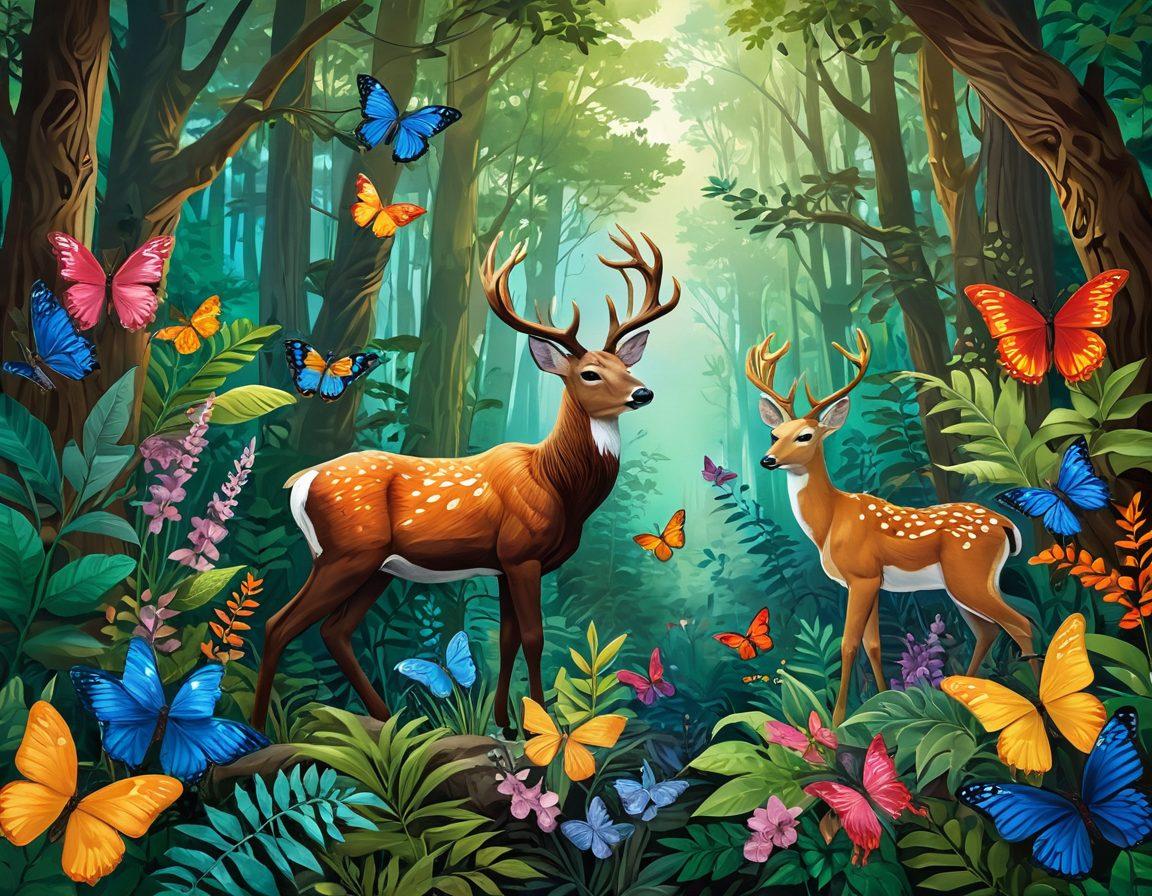 A lush, vibrant forest scene filled with diverse flora and fauna, showcasing endangered species like a colorful bird, a delicate butterfly, and a majestic deer. Incorporate elements of human interaction, such as hands gently nurturing a young plant and a heart-shaped symbol in the foliage. The scene conveys the message of harmony between humanity and nature. super-realistic. vibrant colors. 3D.