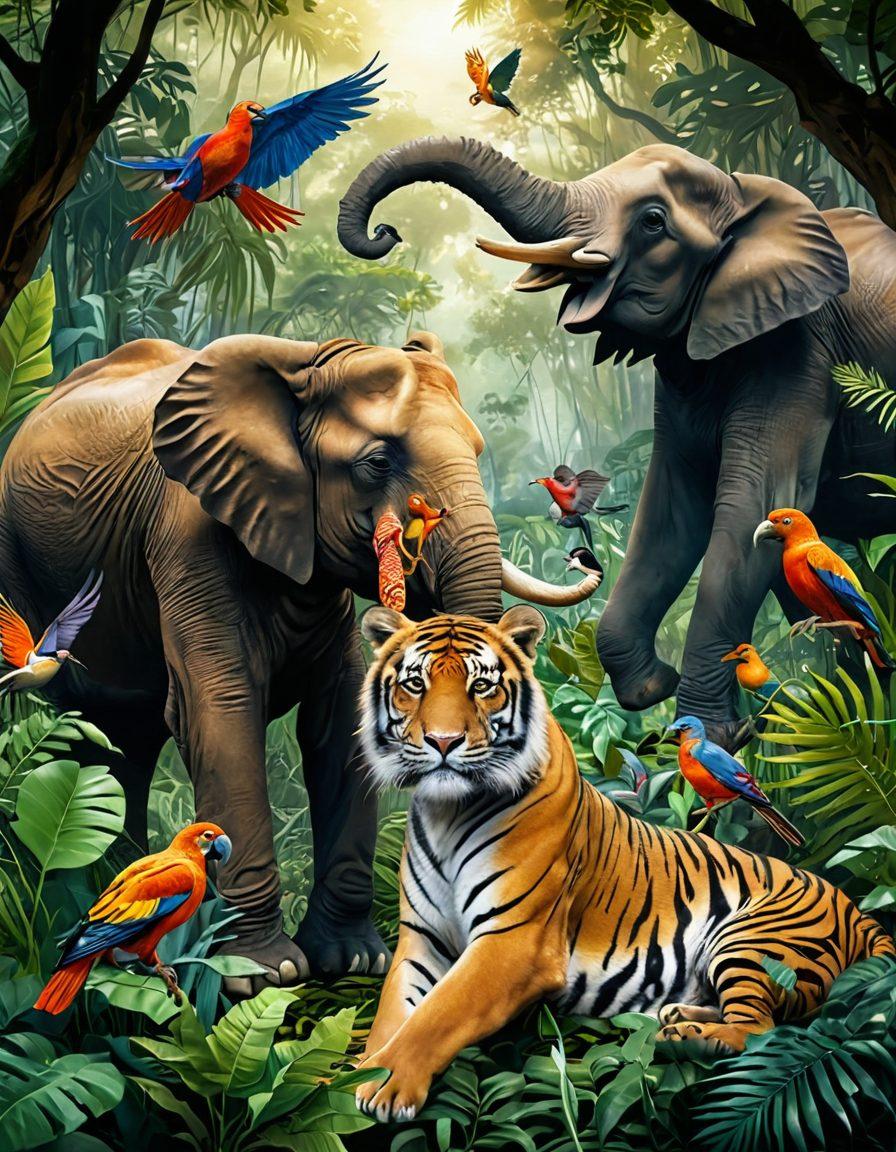 A lush, vibrant jungle scene featuring diverse endangered wildlife such as a majestic tiger, a gentle African elephant, and colorful birds nestled among tropical plants. A group of compassionate people, wearing conservation gear, are interacting lovingly with the animals, showcasing a heartfelt connection. The environment radiates life and hope, with sunlight filtering through the canopy. This image captures the essence of conservation and affection towards nature. vibrant colors. super-realistic. nature-inspired.